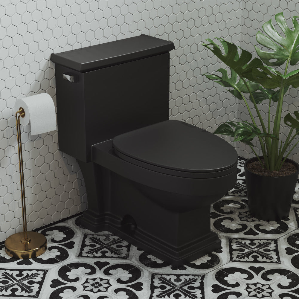 Elongated one-piece toilet in matte black with left side flush handle and soft-close seat.
