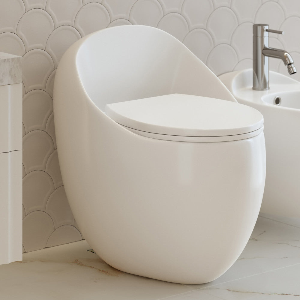 Round one-piece toilet with top flush and smooth skirted trapway in white porcelain.