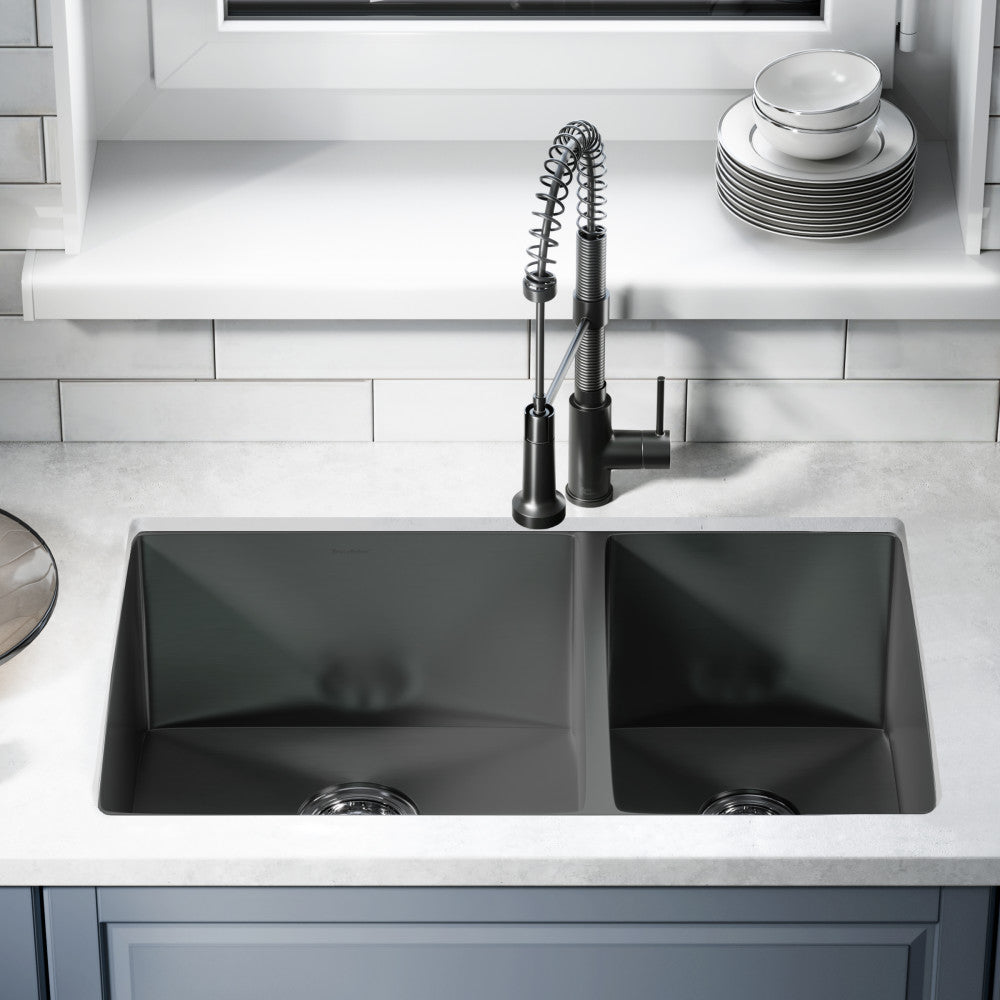 33 x 20-inch black stainless steel undermount kitchen sink with dual deep basins and square edges.