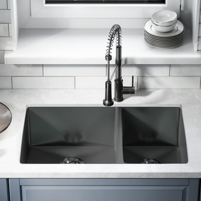 33 x 20-inch black stainless steel undermount kitchen sink with dual deep basins and square edges.