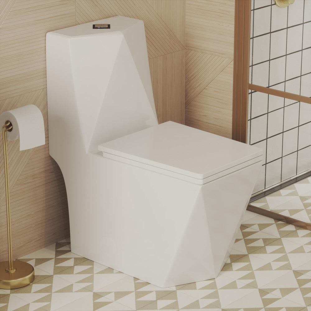 Elongated one-piece toilet with dual-flush, geometric angular design, closed lid, beige setting.