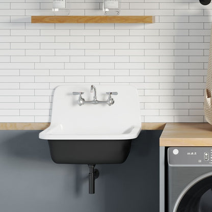 22" wall-hung cast iron bathroom sink, white basin with black underside and traditional chrome faucet.