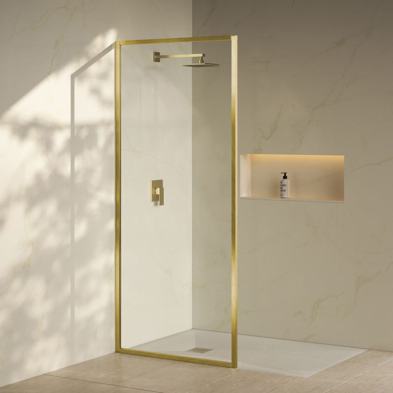 Pierre 34 x 76 Framed Fixed 3/8 in. (10mm) Clear Tempered Glass Shower Door with Gold Brushed Frame