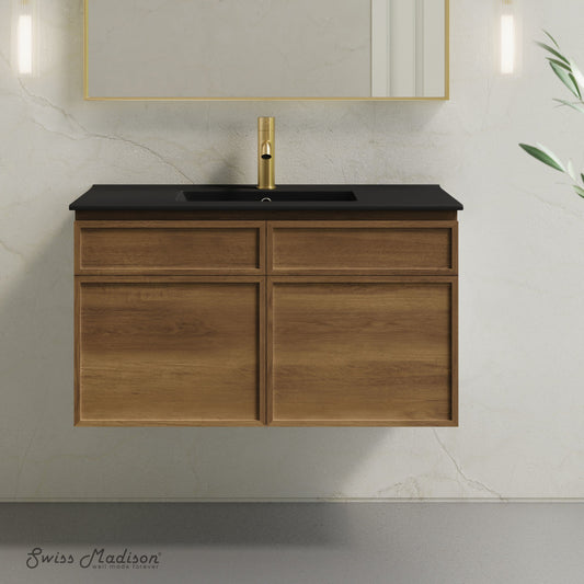 St. Tropez 36" Wall-Mounted Bathroom Vanity in Brown Oak with Black Sink Top