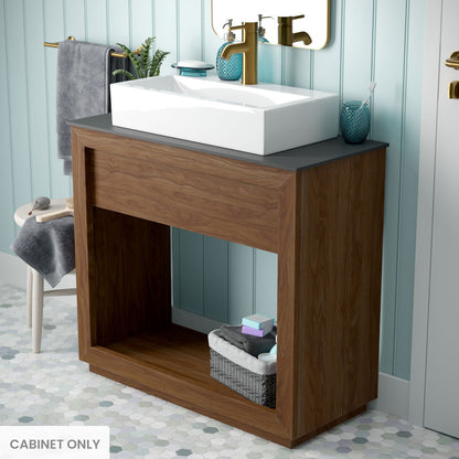 36-inch freestanding reclaimed walnut wood bathroom vanity cabinet with open bottom shelf.
