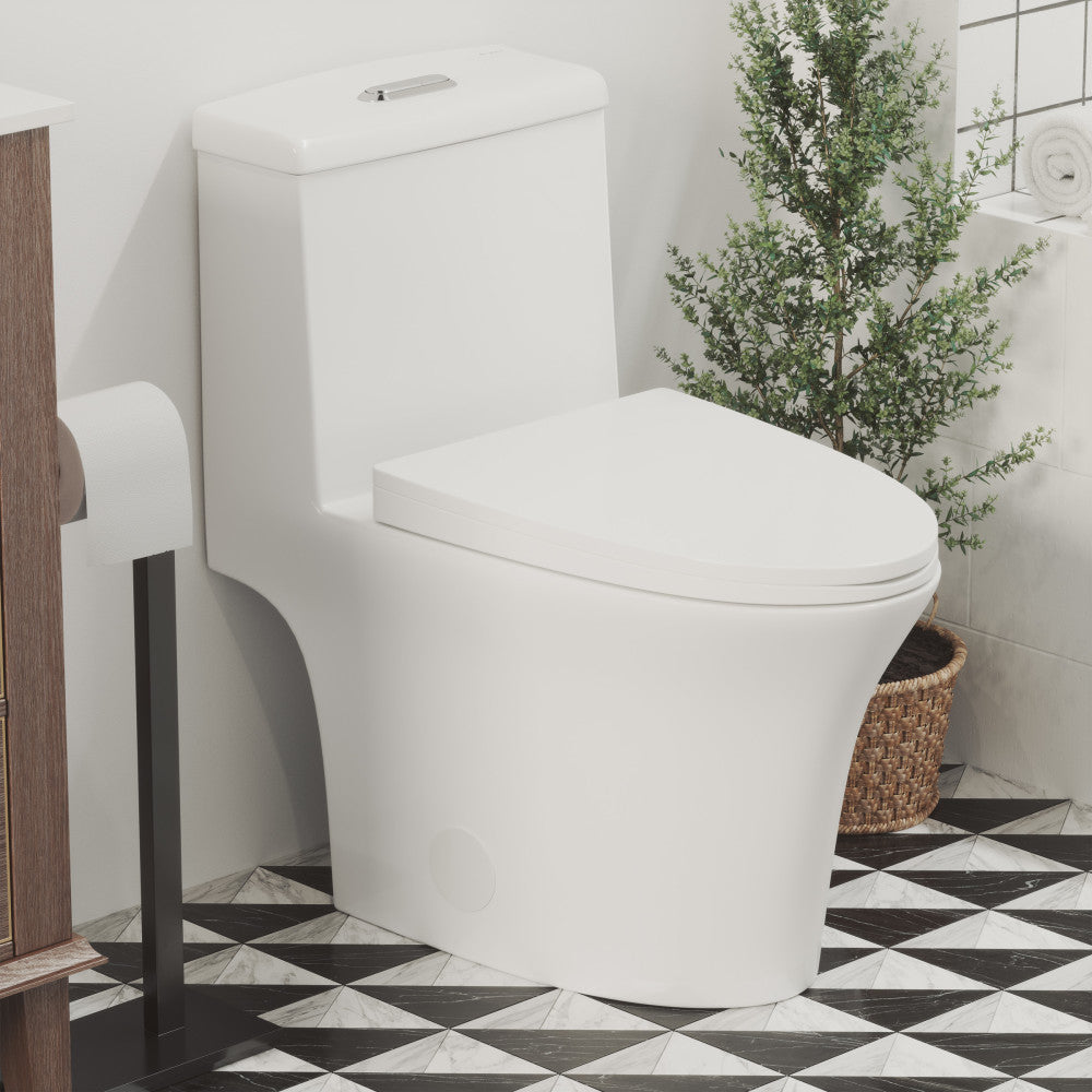 Elongated one-piece white toilet with dual flush and smooth skirted trapway design.