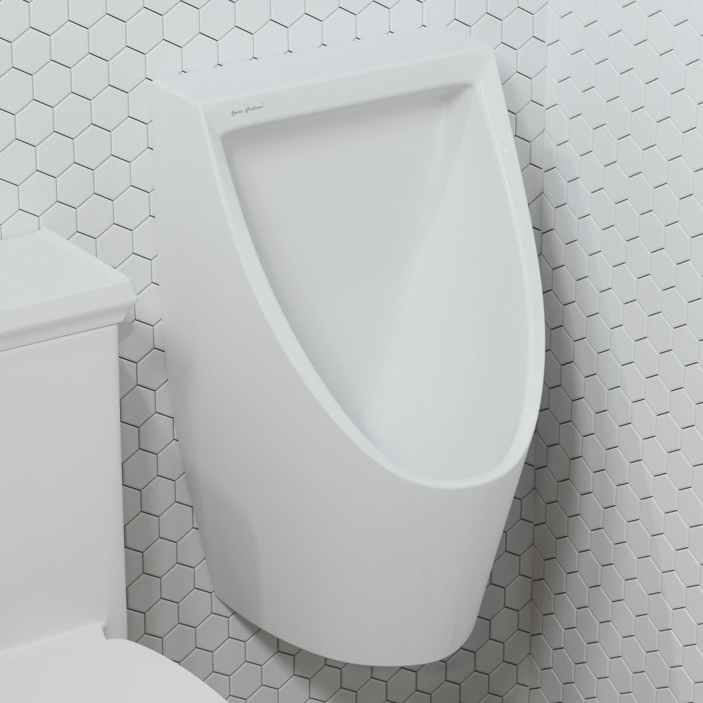 Wall-hung white waterless urinal with sleek angular design and smooth surface finish.