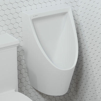 Wall-hung white waterless urinal with sleek angular design and smooth surface finish.