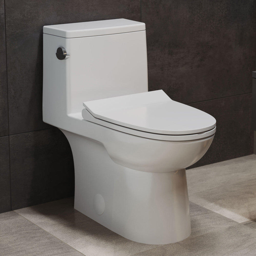 Elongated one-piece toilet with left side flush handle, white ceramic finish, modern sleek design.