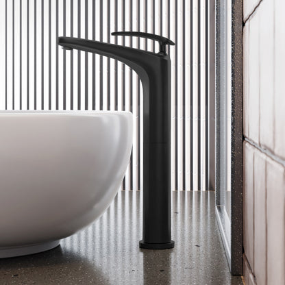 Single-handle high arc bathroom faucet in matte black with sleek, modern design and curved spout.