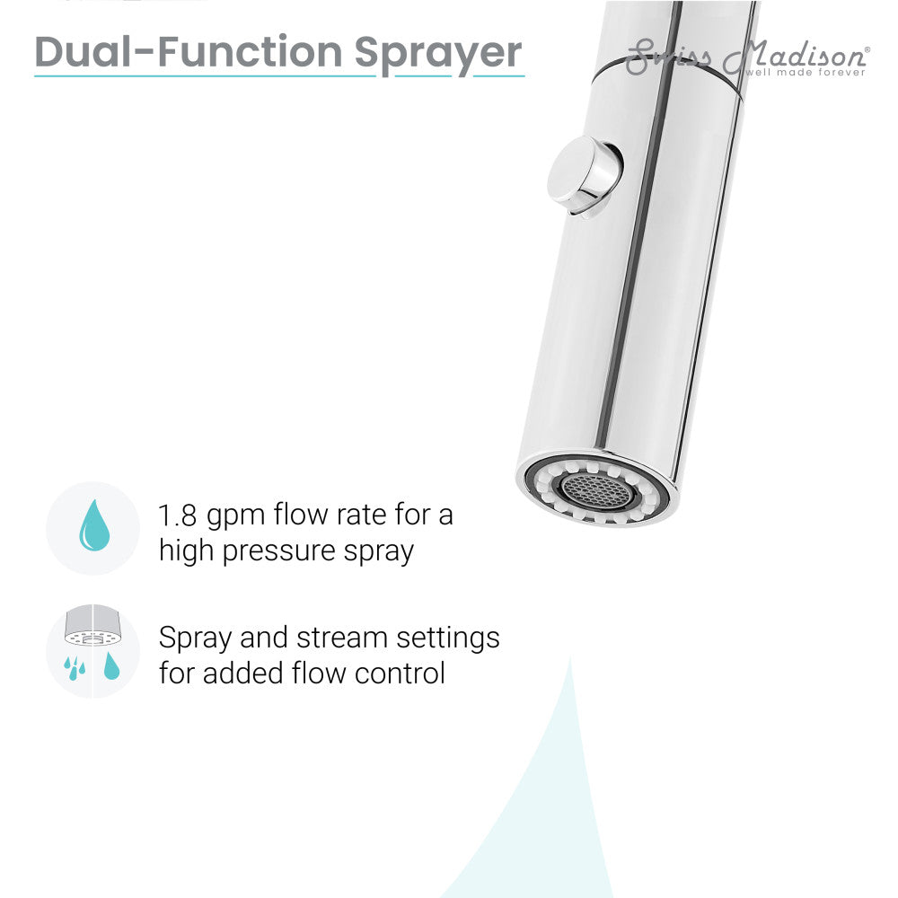 Pull-down kitchen faucet in chrome with single handle and dual-function spray head.