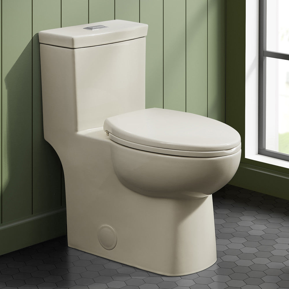 Elongated one-piece toilet in glossy bisque with dual top flush and 12" rough-in design.