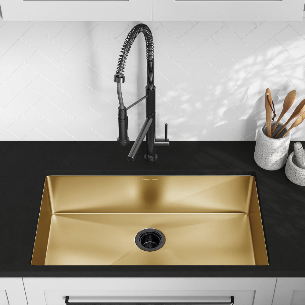 32 x 19 gold stainless steel undermount kitchen sink, single basin, modern rectangular design.