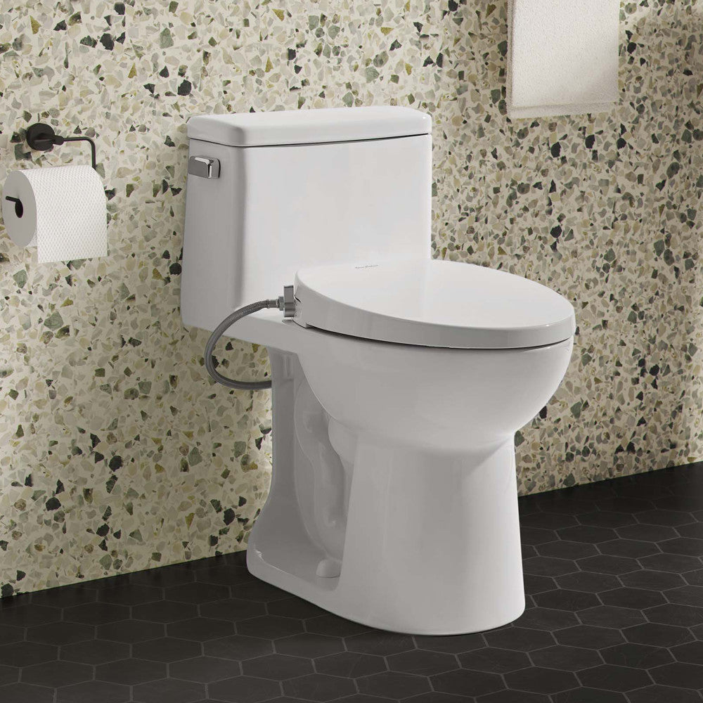 Elongated white toilet with non-electric smart bidet seat, side control lever, modern design.