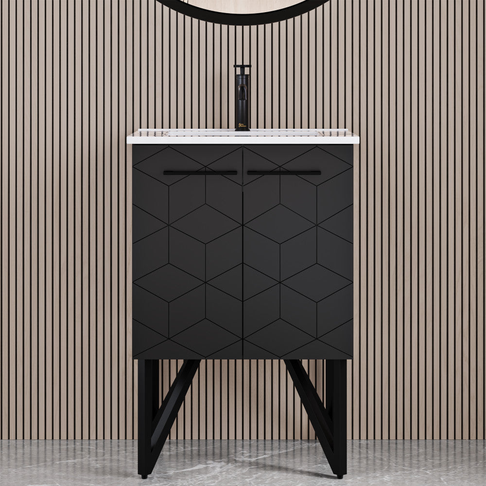 24-inch freestanding bathroom vanity in phantom black with single sink and angled legs.