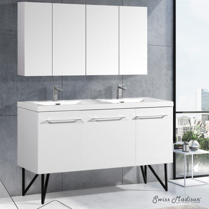 60-inch freestanding white bathroom vanity with double sink and soft-close doors.