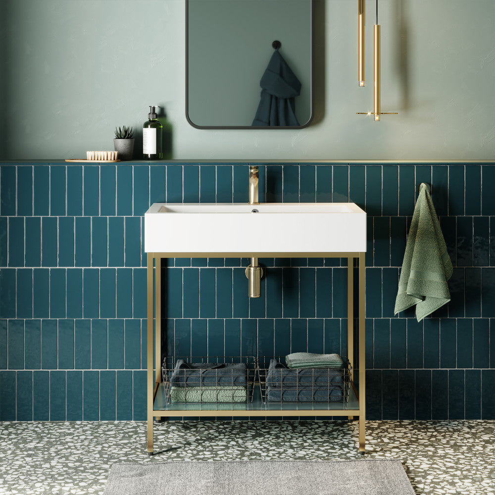 32-inch freestanding bathroom vanity with black metal frame, open lower shelf, and white rectangular sink top.