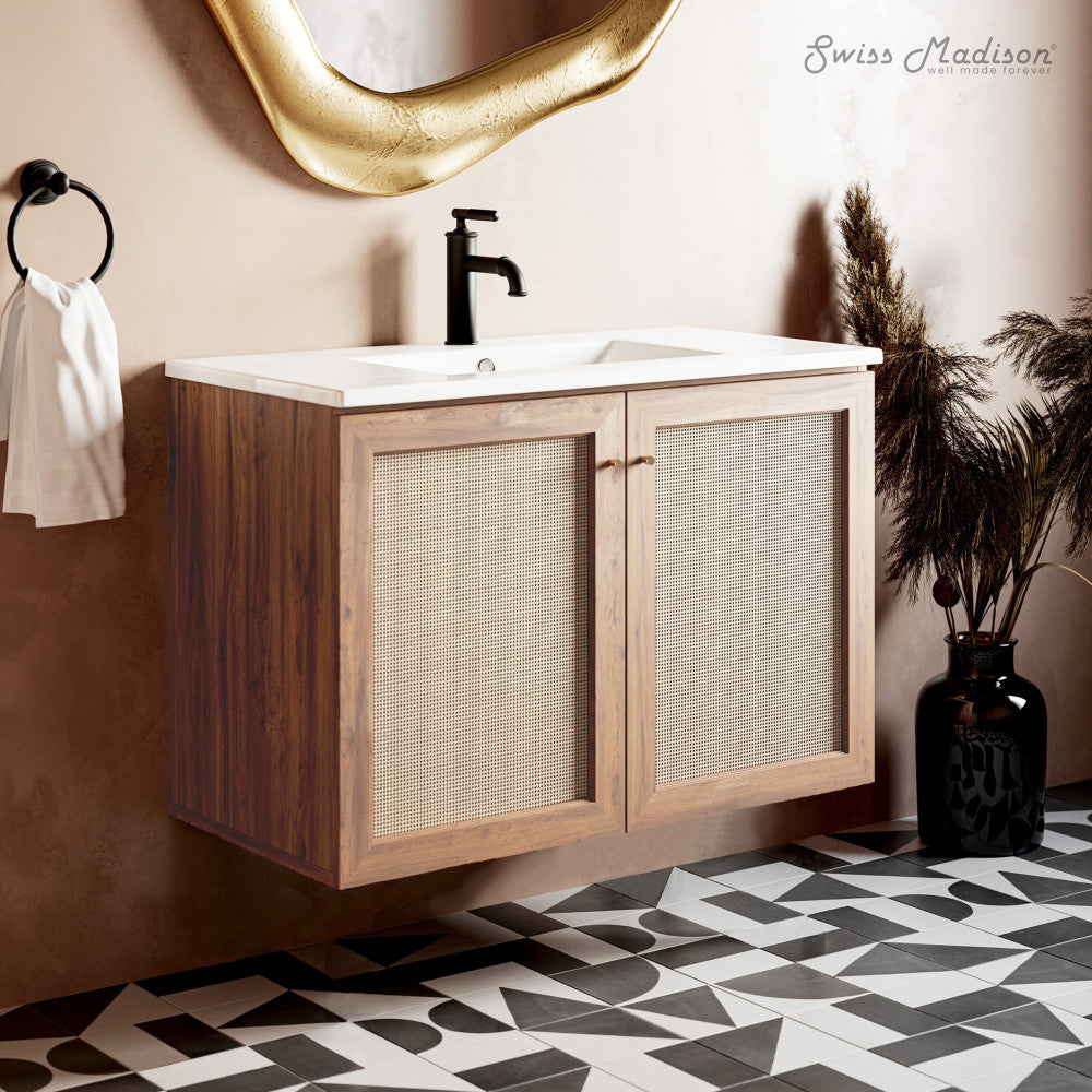 36-inch wall-mounted bathroom vanity in oak, single sink, soft-close doors.