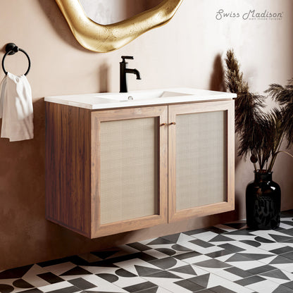 36-inch wall-mounted bathroom vanity in oak, single sink, soft-close doors.