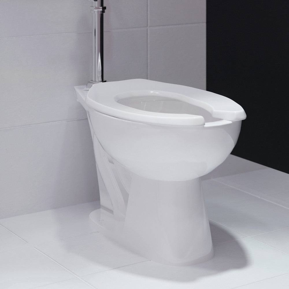 Elongated floor-mounted commercial toilet bowl with top flush spud flushometer, comfort height.