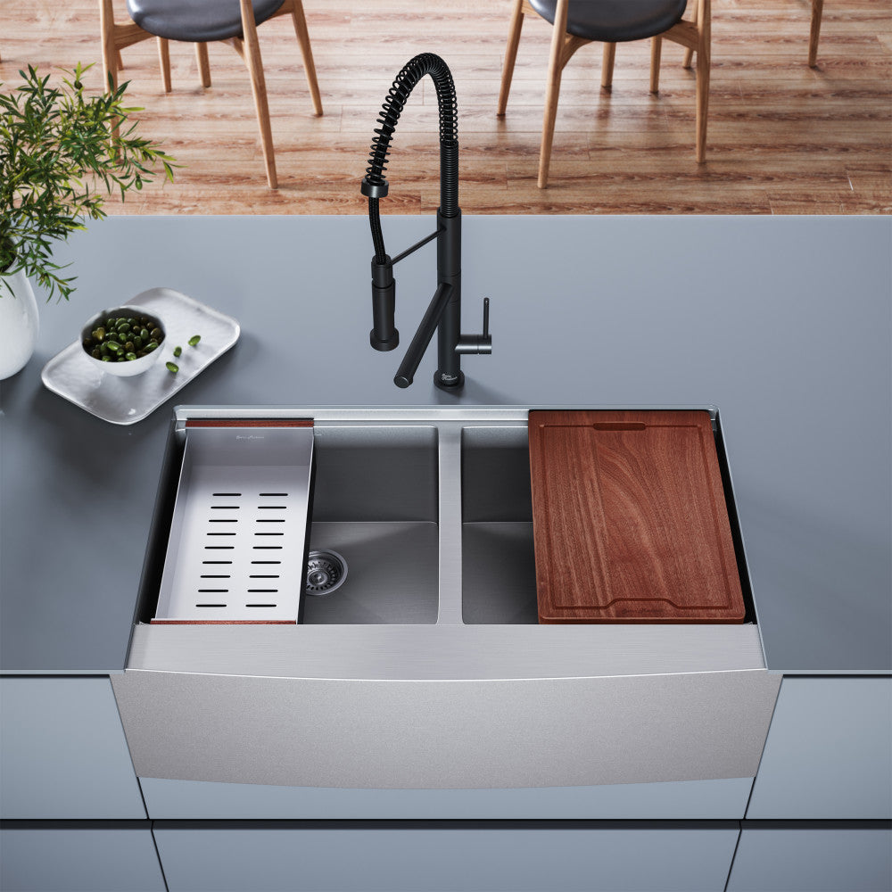 36 x 22 inch dual basin apron front farmhouse workstation kitchen sink with accessories and black pull-down faucet.