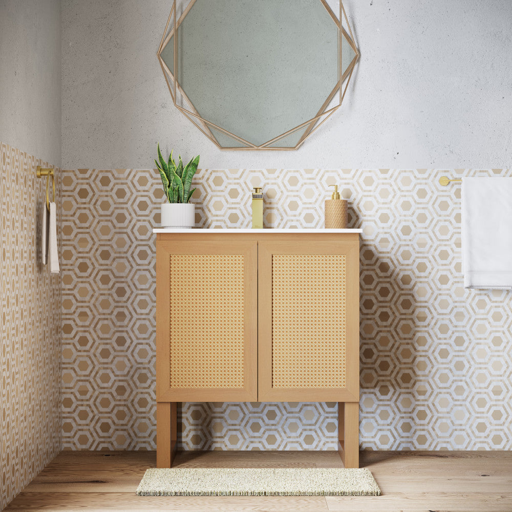 30-inch freestanding natural oak bathroom vanity with single sink and two cabinet doors.