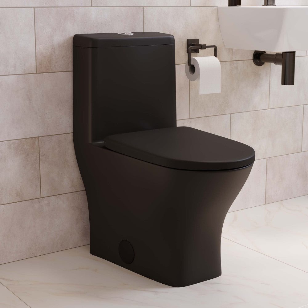 Round one-piece compact toilet in matte black, dual top flush, skirted trapway design.