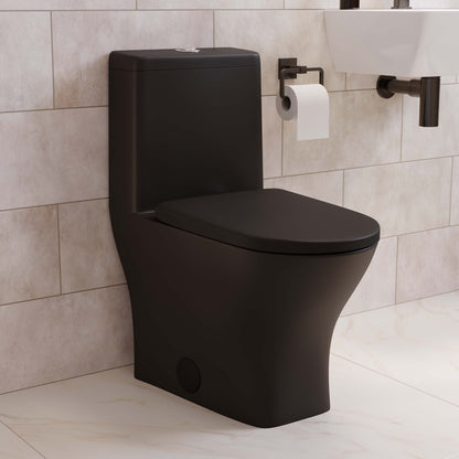 Round one-piece compact toilet in matte black, dual top flush, skirted trapway design.