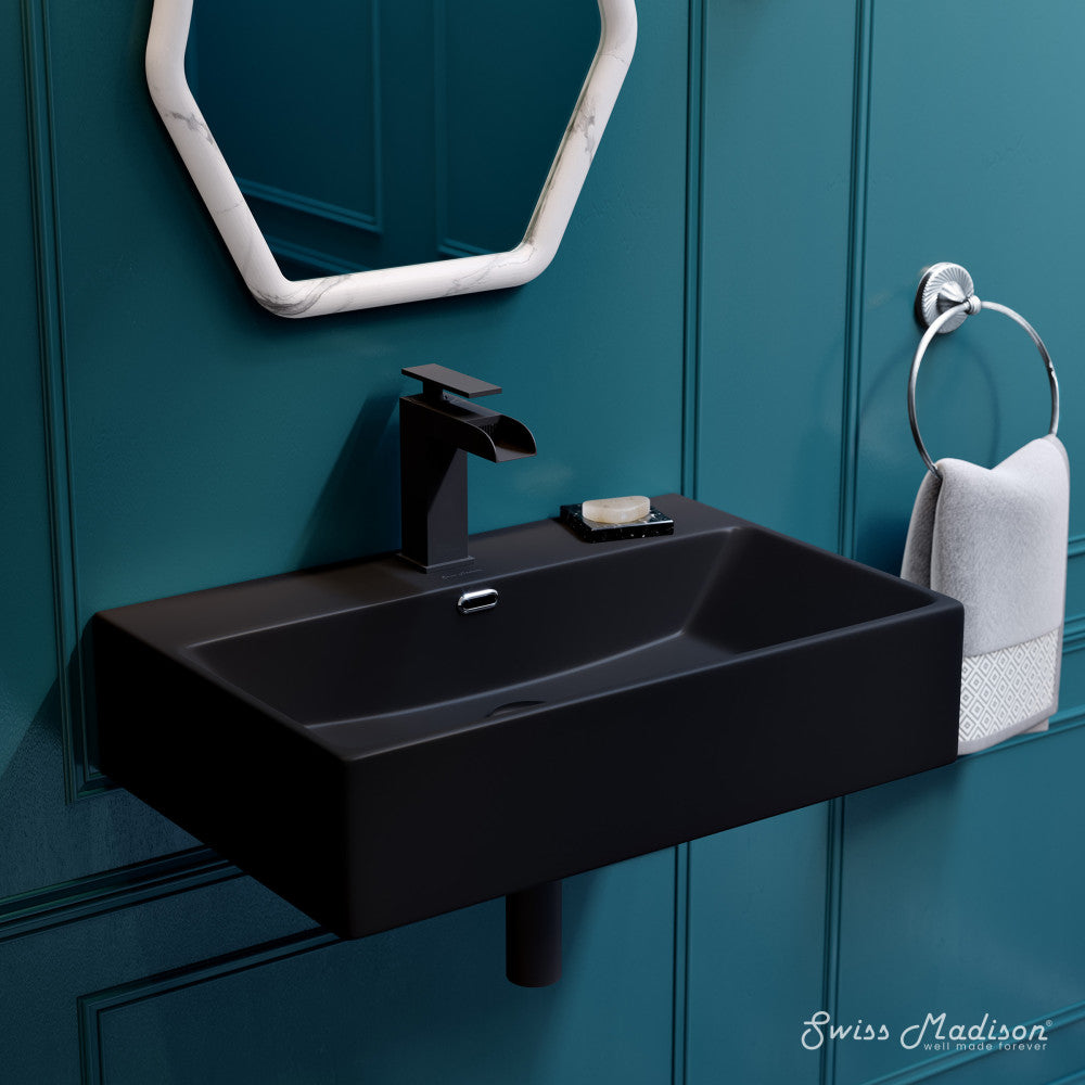 24" rectangle wall-mount bathroom sink in matte black with single faucet hole and integrated overflow slot.