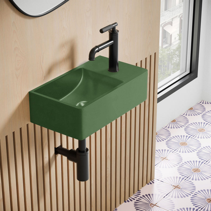 Lisse 16" Concrete Rectangle Wall-Mounted Sink with Right Side Faucet Mount in Matte Royal Green