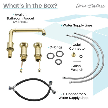 Widespread bathroom faucet in brushed gold with sleek handles, complete with installation hardware and water supply lines.