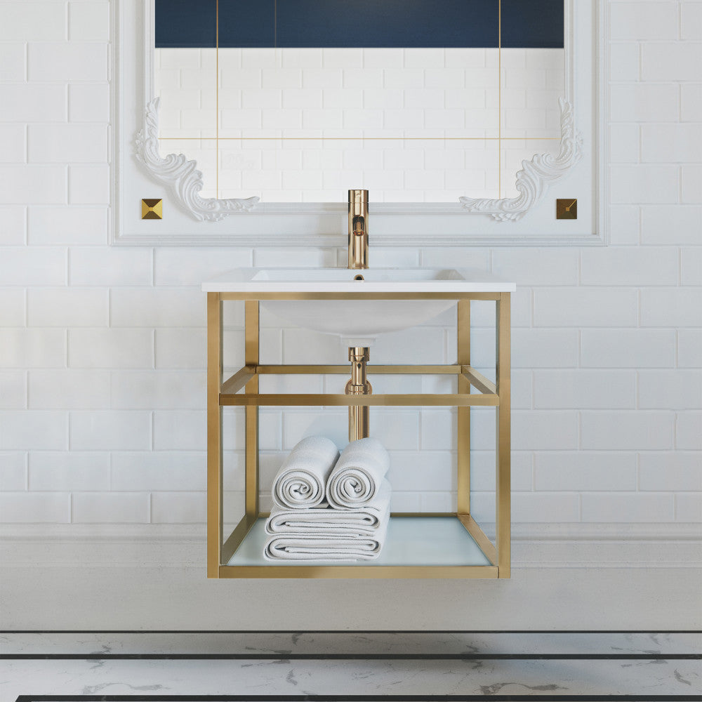 24-inch wall-mounted bathroom vanity in gold metal frame with open shelf and white countertop.
