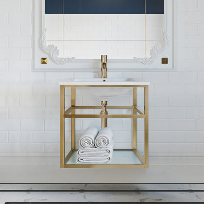 24-inch wall-mounted bathroom vanity in gold metal frame with open shelf and white countertop.