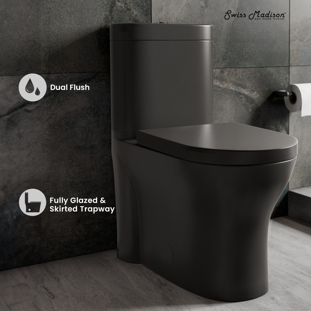 Elongated one-piece toilet in matte black, dual flush, fully glazed skirted trapway design.