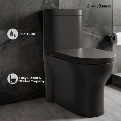Elongated one-piece toilet in matte black, dual flush, fully glazed skirted trapway design.