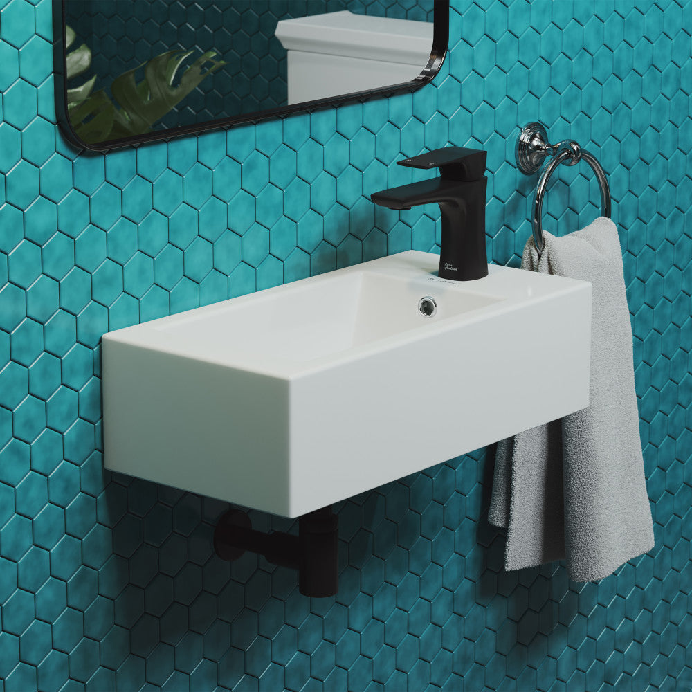 19.5x10 rectangular ceramic wall-hung bathroom sink with right-side faucet mount and matte black faucet.
