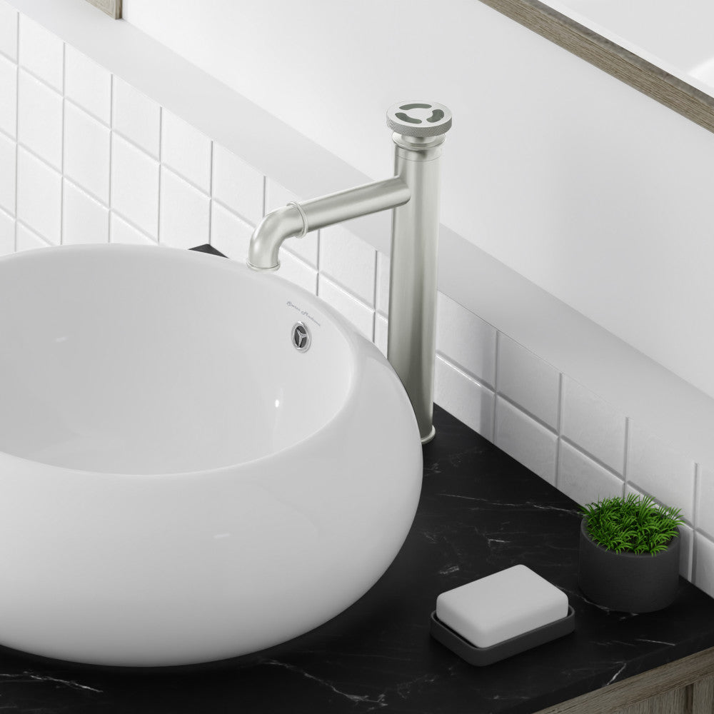 Single-handle high arc bathroom faucet in brushed nickel, wheel handle, single hole mount.