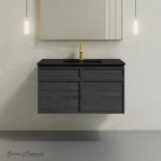 St. Tropez 36" Wall-Mounted Bathroom Vanity in Black Oak with Black Sink Top
