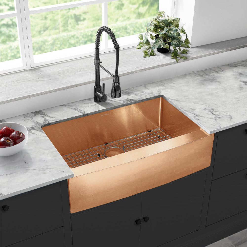 33x21-inch rose gold stainless steel farmhouse kitchen sink with single basin and apron front.