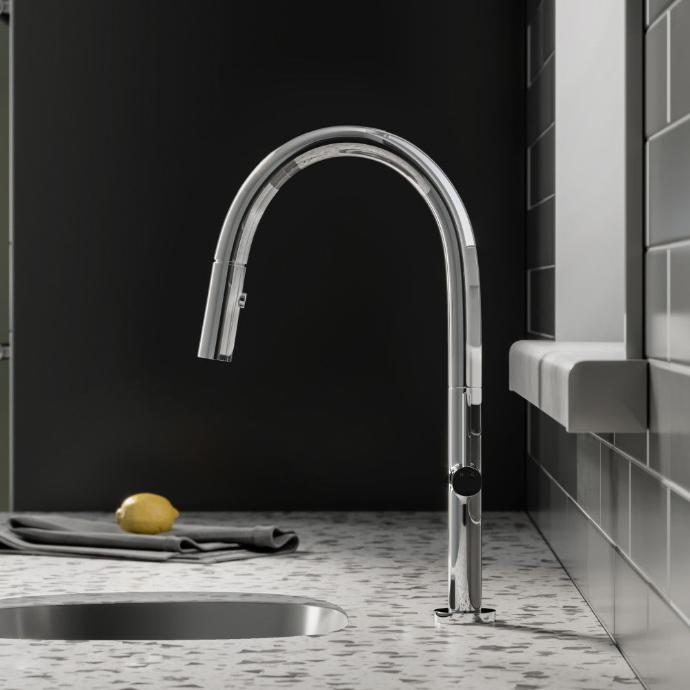 Single handle pull-down kitchen faucet in chrome with high-arc spout and sleek modern design.