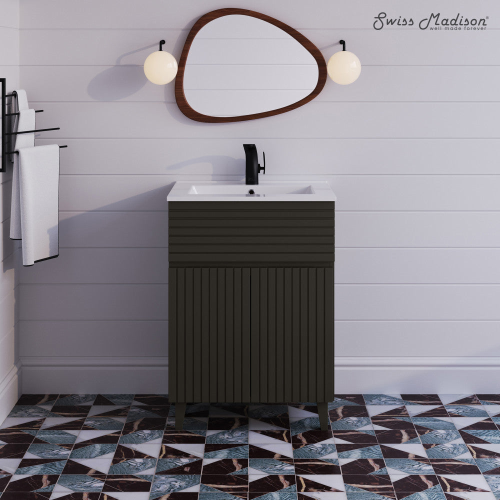 24-inch freestanding bathroom vanity in cedar gray with single sink and textured front panel design.