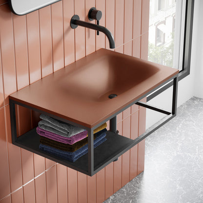 Lisse 24" Rectangle Concrete Wall-Mount Bathroom Sink in Terracotta with Matte Black Frame