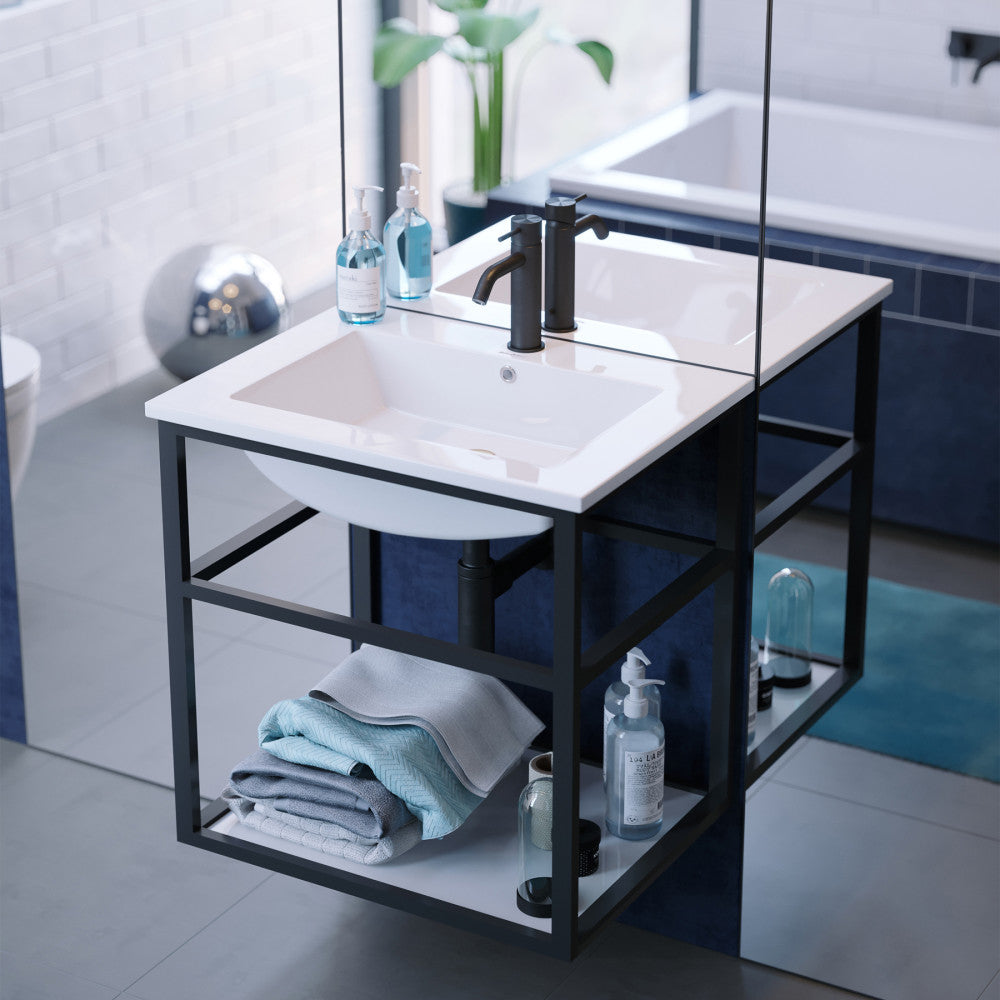 24-inch wall-mount bathroom vanity with metal frame, white sink, and open lower shelf.