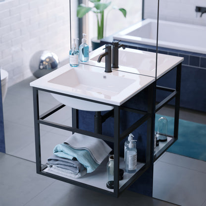 24-inch wall-mount bathroom vanity with metal frame, white sink, and open lower shelf.