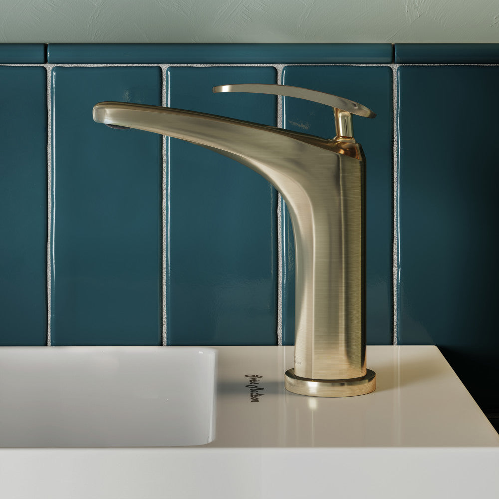 Single-handle bathroom faucet in brushed gold, sleek curved spout design.