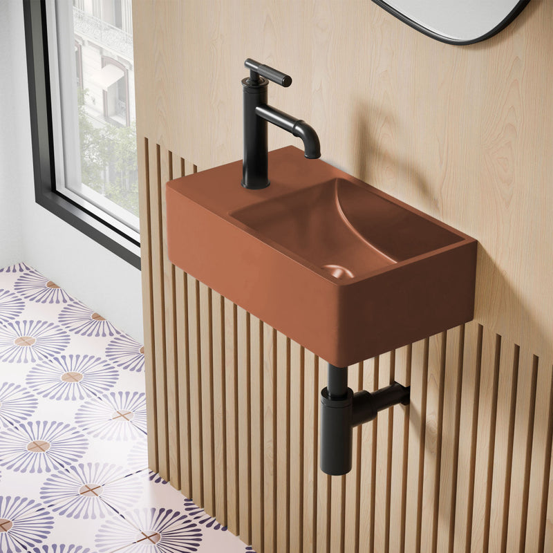 Lisse 16" Concrete Rectangle Wall-Mounted Sink with Left Side Faucet Mount in Matte Terracotta