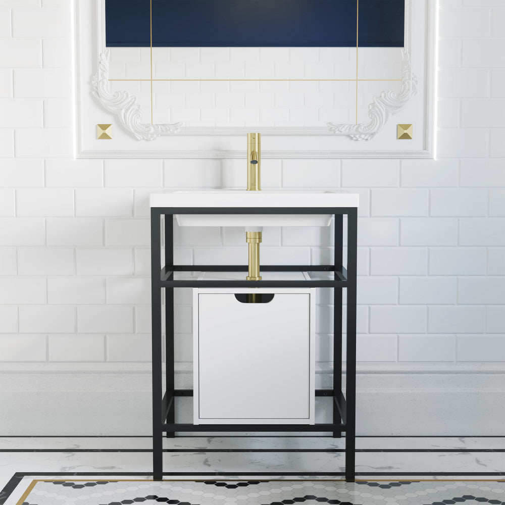 24-inch freestanding bathroom vanity in black, single sink, open-frame metal base with cabinet storage.