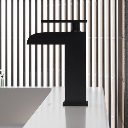 Single-handle waterfall bathroom faucet in matte black from Concorde collection.