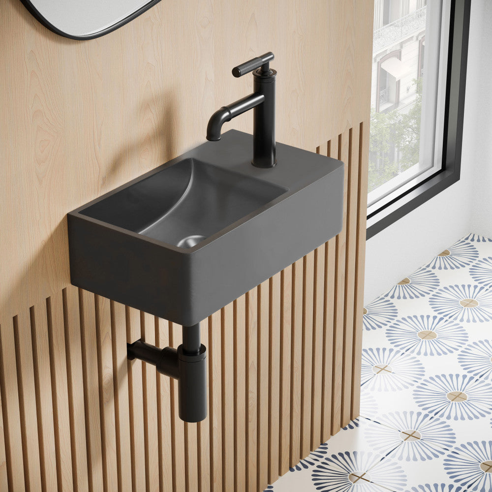 Lisse 16" Concrete Rectangle Wall-Mounted Sink with Right Side Faucet Mount in Matte Dark Gray