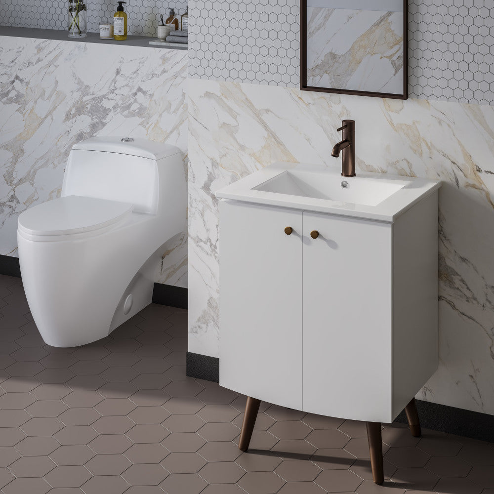 24-inch freestanding white bathroom vanity with single integrated sink and wooden angled legs.